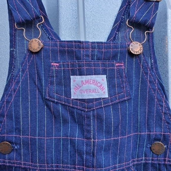 Vtg All American Overall Dark Denim rainbow pastel pinstripes 18m - Picture 3 of 8